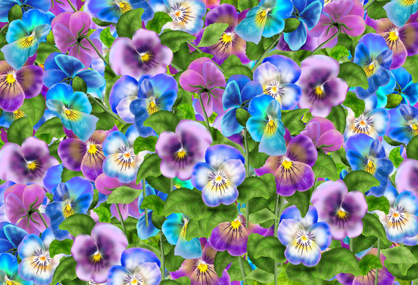 Pansy flowers pattern. Realistic painting Viola tricolor flowers meadow. Pansy field, garden. Summer flowers Multicolored pansies. Digital illustration. For Art, Print, Web design. - Photo, Image
