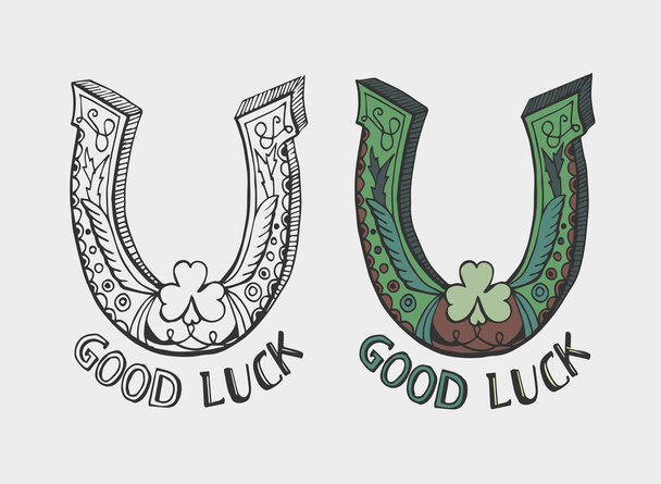 Horseshoe schets vector illustratie met tekst good luck - Vector, afbeelding