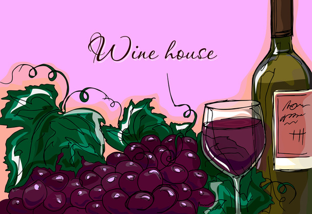 Dessin manuel. Illustration d'une bouteille de vin et d'un bouquet de raisins. Carte gastronomique
. - Vecteur, image