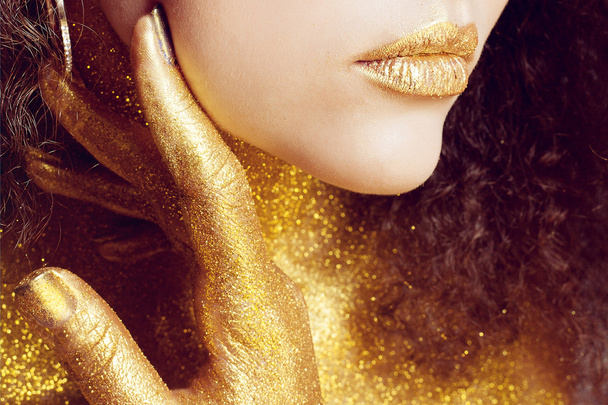 Magic Girl Portrait in Gold. Golden Makeup - Фото, изображение