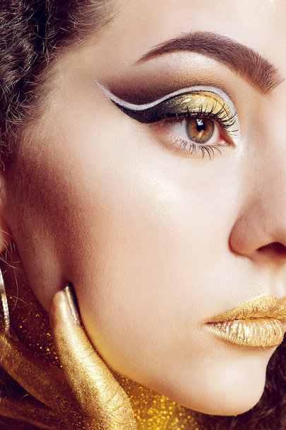 Magic Girl Portrait in Gold. Golden Makeup - Fotoğraf, Görsel