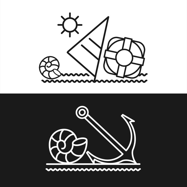 Estate. Mare, barca a vela, conchiglia, ancora. Set di emblemi delle vacanze estive e del turismo
 - Vettoriali, immagini