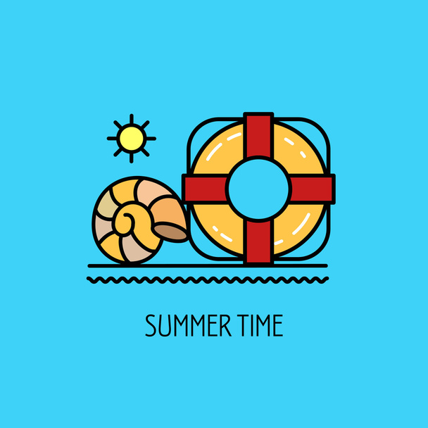 Letní. Letní prázdniny. Záchranný kruh a mořské mušle. Znak vektoru. - Vektor, obrázek