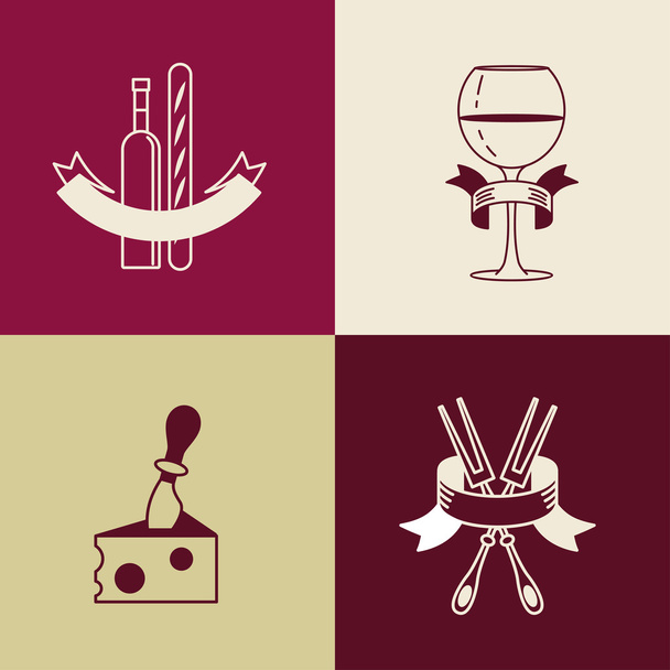  Wine bottle, wineglass, French baguette, cheese, fork. Isolated on a white background. Set of vector icons - Vector, Image