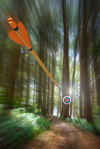 Arrow speeding to archery target with motion blur, part photo, part 3D rendering - Photo, Image