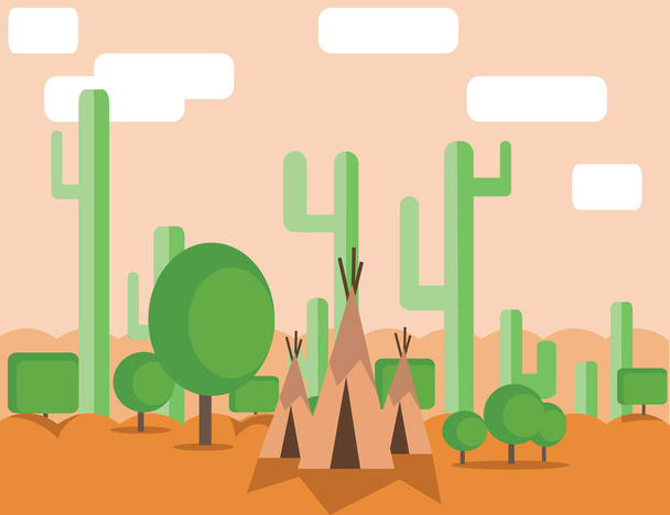 Абстрактный ландшафтный дизайн с зелеными кактусами, облаками и индейскими палатками в пустыне, плоский стиль. Цифровые векторные изображения
. - Вектор,изображение