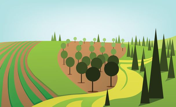 Diseño abstracto del paisaje con árboles y colinas verdes, camino amarillo y huerto, de estilo plano. Imagen vectorial digital
. - Vector, imagen