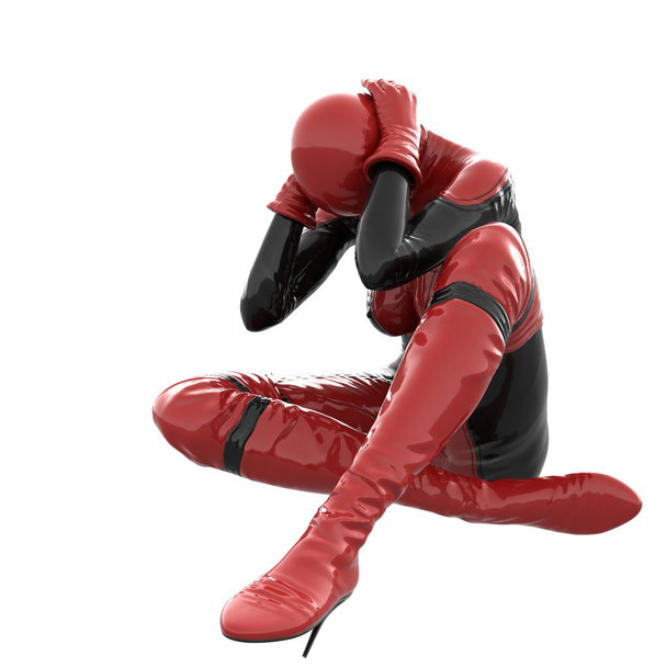one tall woman in red black super suit. Woman sitting holding his hands behind his head - Photo, Image