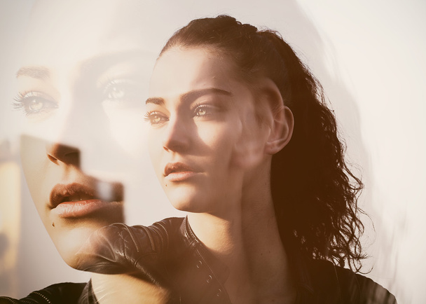 Double exposure of girl with gorgeous eyes looking aside - Photo, image