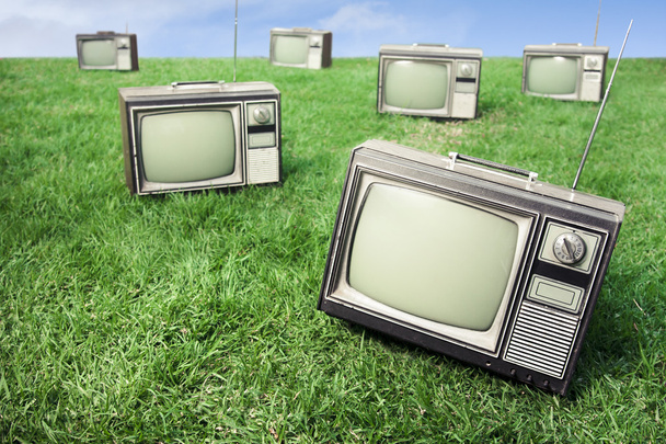 gebied van gras met retro TV 's - Foto, afbeelding