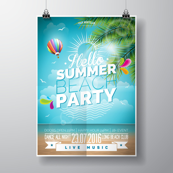 Vector Summer Beach Party Flyer Design with typographic elements on ocean landscape background. Air balloon and palm tree. - Vektor, Bild