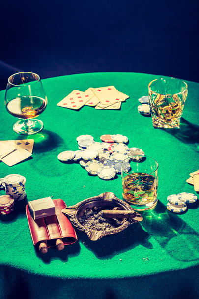 Cards and chips in vintage table for poker - Fotoğraf, Görsel