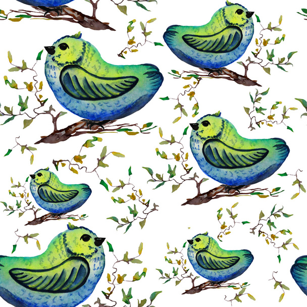 Seamless pattern. Watercolor birds. - Fotoğraf, Görsel