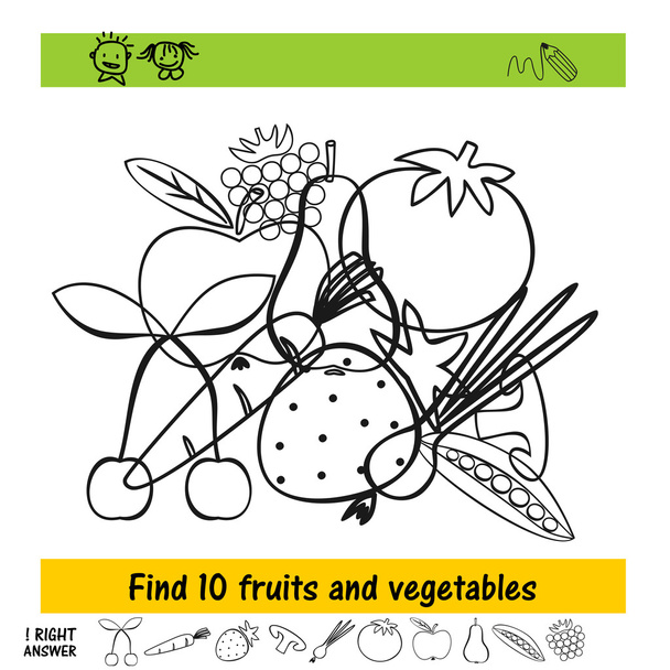 Los deberes para los niños cómo encontrar diez frutas y verduras diferentes de la pila
 - Vector, Imagen