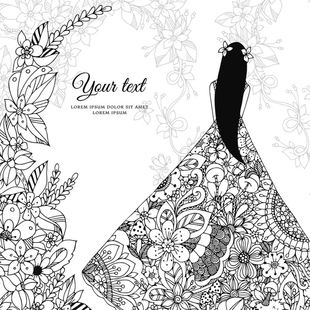 Ilustración vectorial Zen Tangle niña en un vestido floral. Doodle flores, árbol. Libro para colorear antis estrés para adultos. Blanco negro
. - Vector, Imagen
