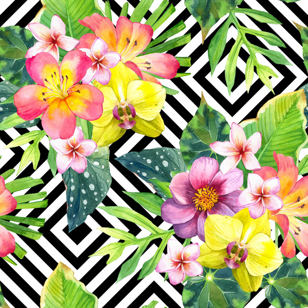 Seamless background with watercolor tropical flowers. - Foto, afbeelding