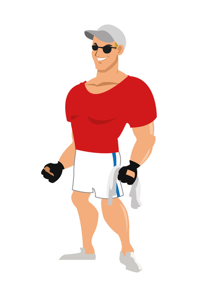 man met fitness outfit dragen zonnebril muts en handschoenen pictogram - Vector, afbeelding