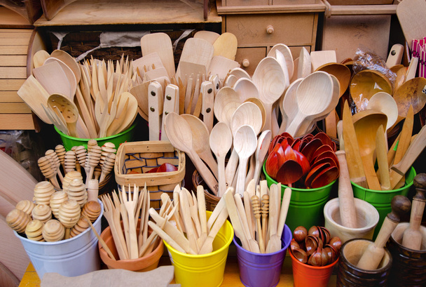 Istanbul, wooden utensils for sale at the bazaar Tahtakale - Photo, Image