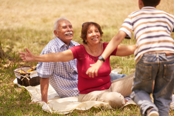 Nonni anziani coppia abbraccio giovane ragazzo a picnic
 - Foto, immagini