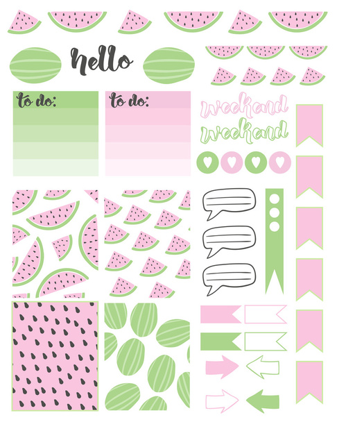 Watermelon cute stickers . Vector illustration for a diary and notes . Light green and pink colors - Vector, Image
