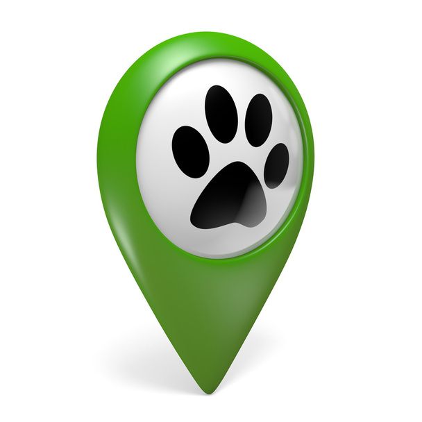 Icona puntatore mappa verde con simbolo zampa per negozi di animali e servizi per animali, rendering 3D
 - Foto, immagini