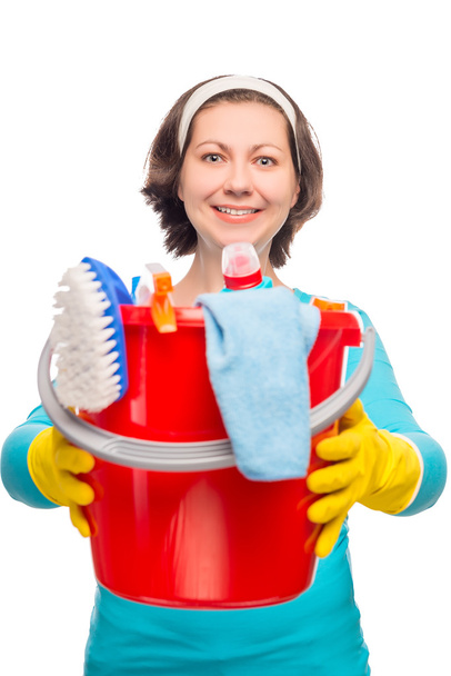 Hausfrau hält Hand in Hand in einem Eimer mit Reinigungsmitteln - Foto, Bild