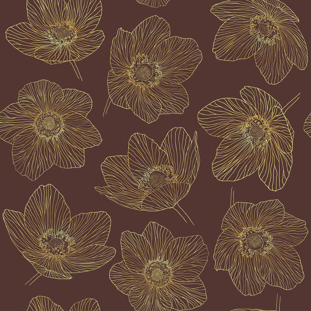 Seamless pattern outline flowers dryas, gold gradient line vinous background - Wektor, obraz