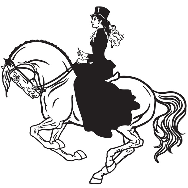 lady on a horse black and white - Vector, Image