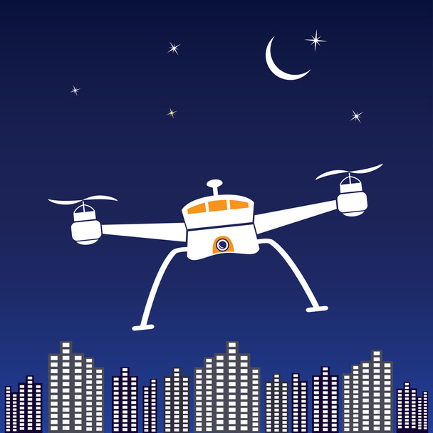 Tomando fotos con un dron de la ciudad por la noche. Drone silueta blanca - vector de stock
. - Vector, Imagen
