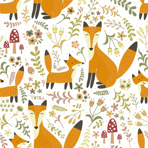 Adorable seamless pattern with cute foxes - Mother fox and her baby - Vector, Imagen