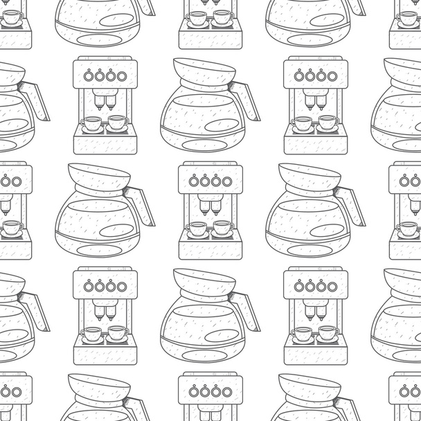 Seamless pattern with outline drawings on the theme of coffee. Coffee maker and kettle for brewing coffee. - Vecteur, image