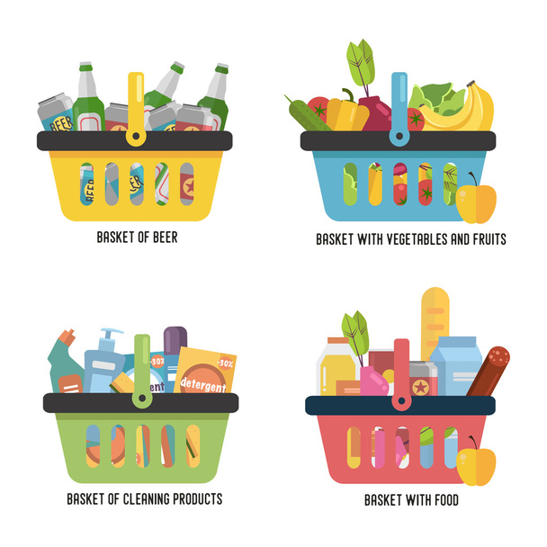 Set Full basket with different goods. Basket with food, beer, fruits and vegetables and household cleaning products. Flat vector icon. - Vector, Image
