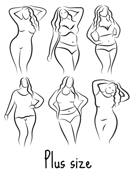 Boceto de mujer modelo de talla grande. Estilo de dibujo a mano. Logo de moda con sobrepeso. Diseño curvilíneo icono del cuerpo. Ilustración vectorial - Vector, Imagen