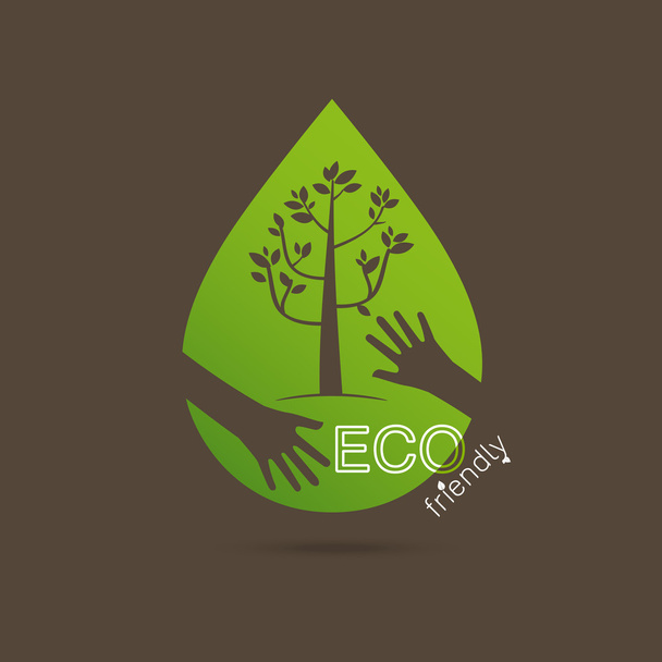 Eco φιλικό χέρια αγκαλιά έννοια πράσινο δέντρο. Περιβαλλοντικά φίλος - Διάνυσμα, εικόνα