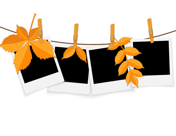Photo frames on rope with clothespins and autumn leaves vector - Vector, Image