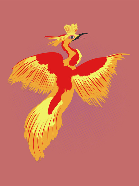 Herboren Phoenix popart tekening. Brand vogel tekening met zwarte gestippelde rode achtergrond. Cartoon afbeelding van de legendarische Phoenix.  - Vector, afbeelding