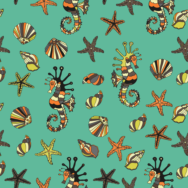 Seamless pattern with sea shells, starfish and  horse. - Vector, Image