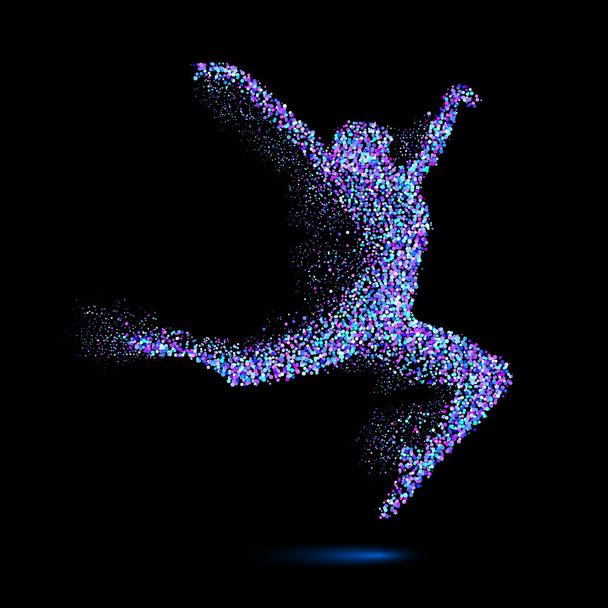 Mujer bailando en forma de partículas azules sobre negro
 - Vector, imagen