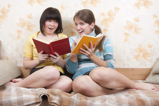 Two reading girls on sofa - Foto, afbeelding