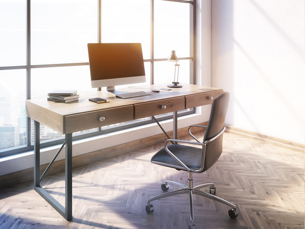 Workplace with blank computer monitor and other items in office interior with wooden floor, concrete wall and panoramic window with New York city view. Toned image. Mock up, 3D Rendering - Photo, Image
