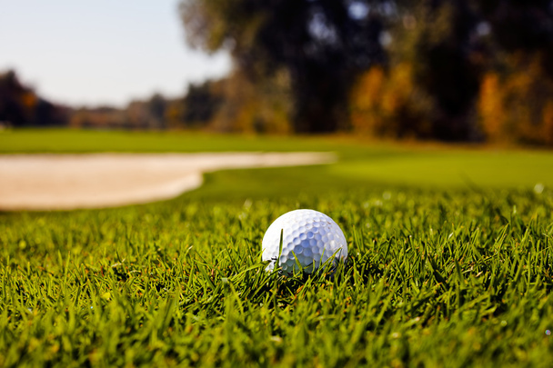Golfball auf dem grünen Rasen, beachten Sie die geringe Schärfentiefe - Foto, Bild