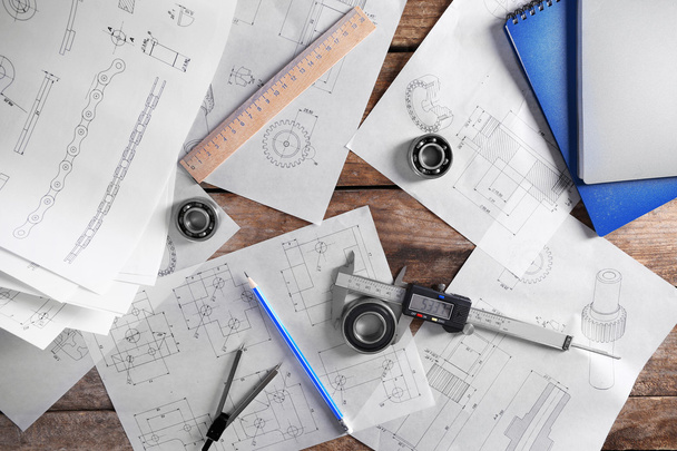 Set of engineering drawings with tools - Photo, Image