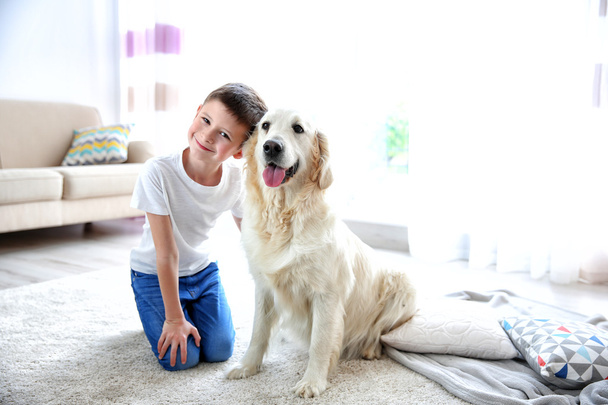 Small boy and cute dog at home - Фото, изображение