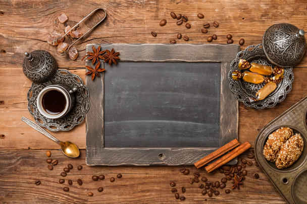 Cup of coffee and chalk board menu - Photo, Image