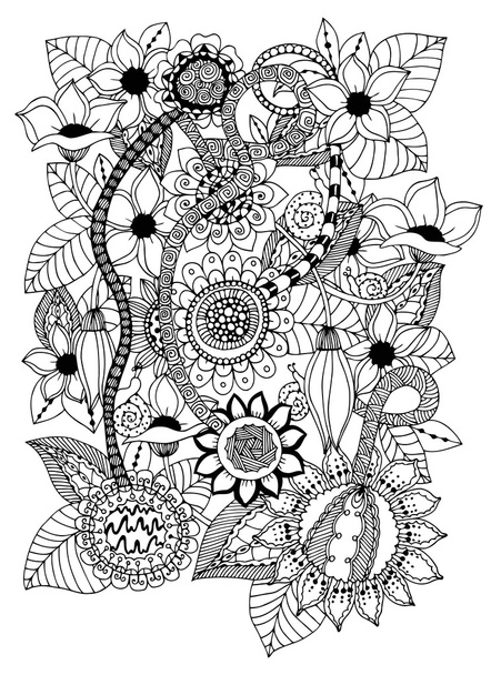 Ilustración vectorial tarjeta zentangl con flores. Doodle primavera, joyas, boda. Libro para colorear anti estrés para adultos. Blanco negro
. - Vector, Imagen