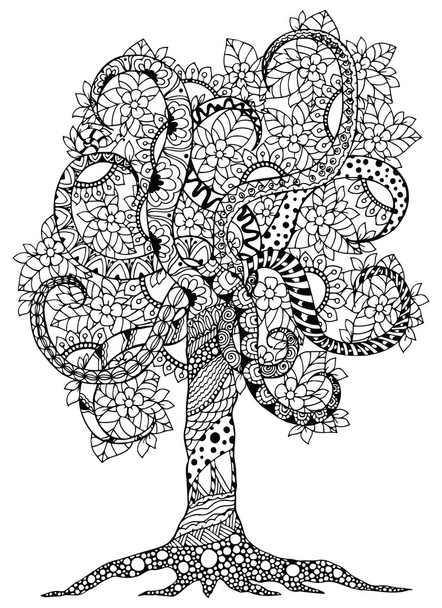 Ilustración vectorial Zen Tangle, árbol de flores con adornos. Dibujo Doodle. Libro para colorear anti estrés. Blanco negro
. - Vector, Imagen