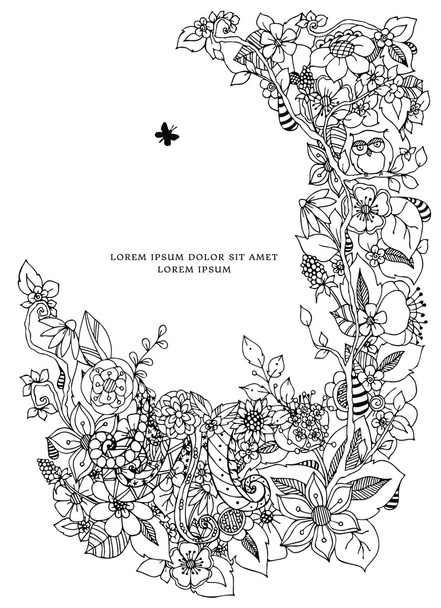 Ilustração vetorial de moldura floral Zen Tangle. Dudlart. Livro para colorir anti stress para adultos. Preto branco
. - Vetor, Imagem