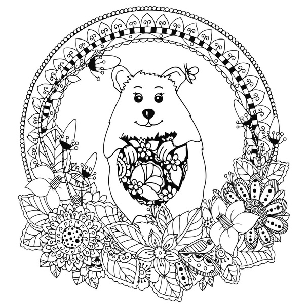 Ilustración vectorial Zen Tangle, hamster y guisantes. Doodle marco redondo, patrón de flores. Libro para colorear anti estrés para adultos. Blanco negro
. - Vector, Imagen