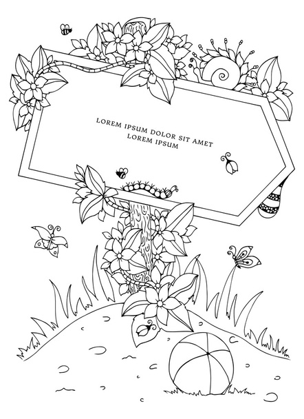 Vektorová ilustrace Zenzamotový ukazatel s nápisem. Doodle květiny. Obarvení knihy proti stresu pro dospělé. Černobílý. - Vektor, obrázek