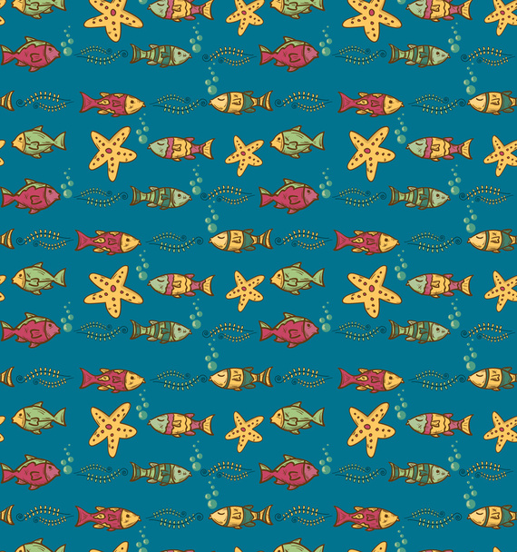 Cartoon hand-drawn seamless underwater pattern with fishes. - Vector, Image